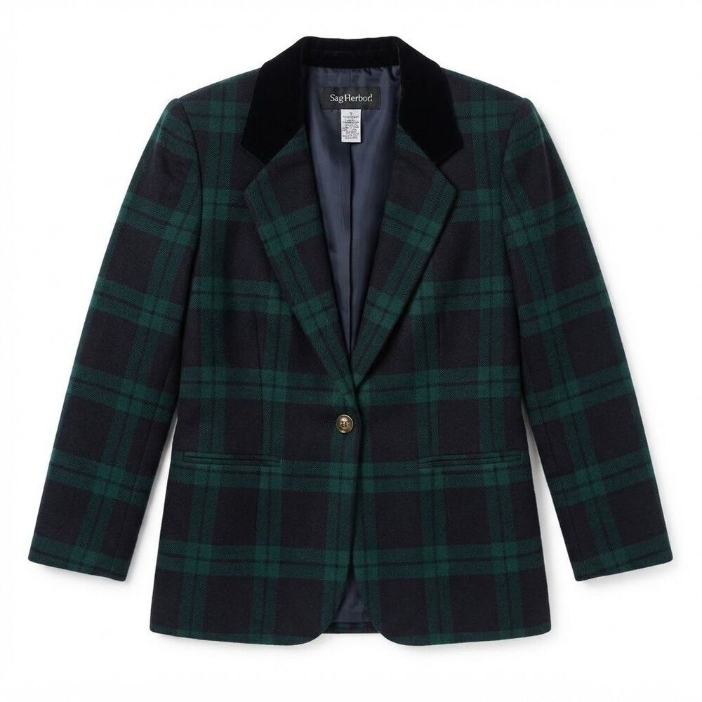 Sag Harbor Wool Blend Green Black Plaid Tartan Blazer Jacket Velvet Collar Sz 10